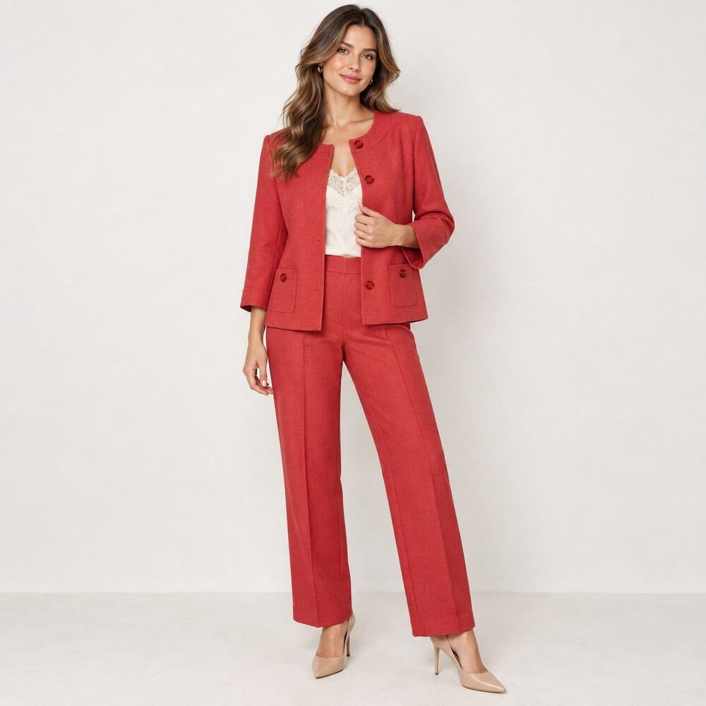 Alfred Dunner Two Piece Suit Womens 14 Coral Red Button Down Jacket Trouser Set